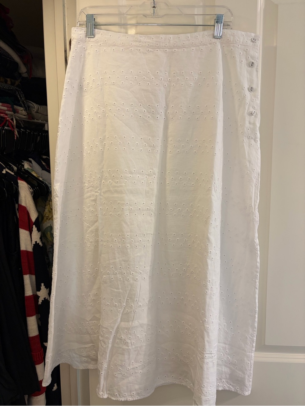 Everlane White Eyelet Linen A-Line Midi Skirt with Side Buttons